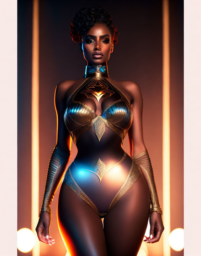 Futuristic gold and blue bodysuit model with dramatic makeup