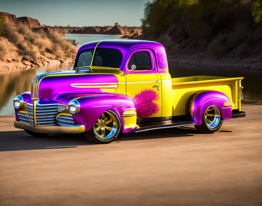 Custom purple and yellow truck with floral designs parked by riverbank