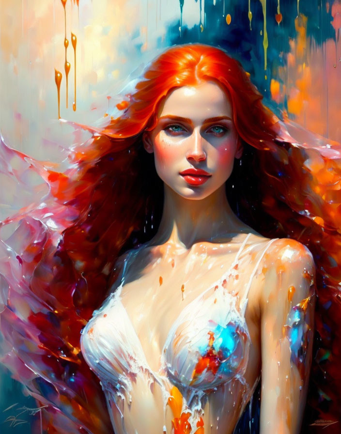 Colorful Abstract Painting of Woman with Red Hair and Blue Eyes