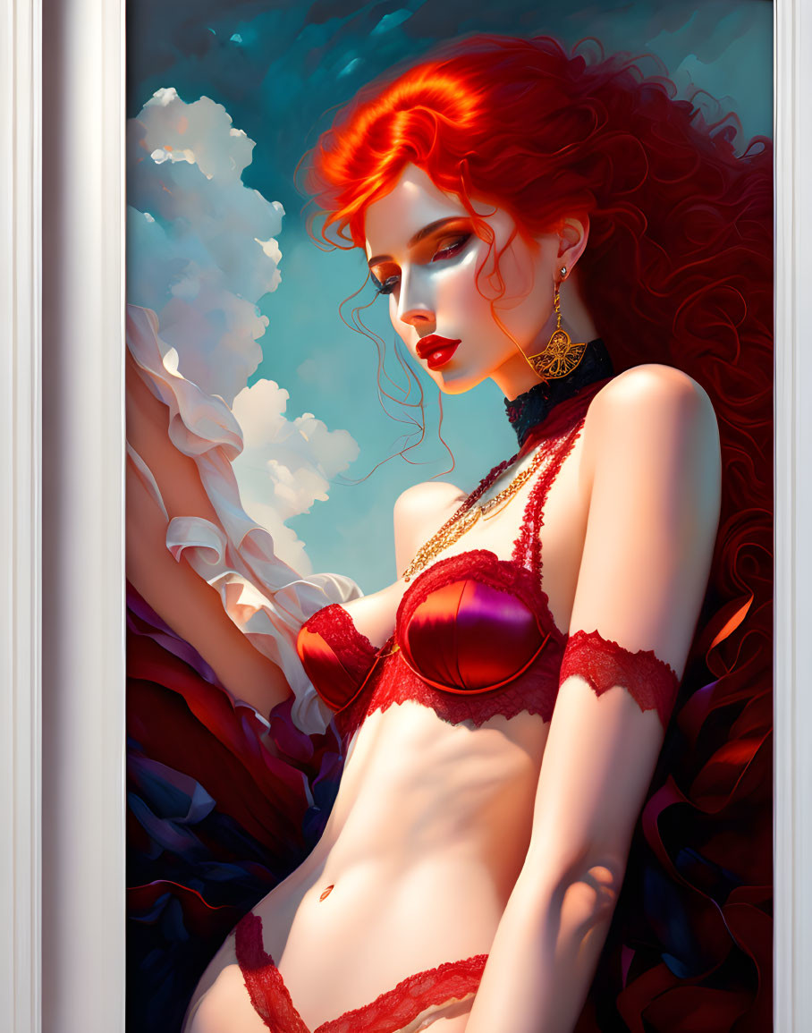 Digital artwork: Woman with red hair & lingerie, blue eyes, jewelry, against cloud backdrop