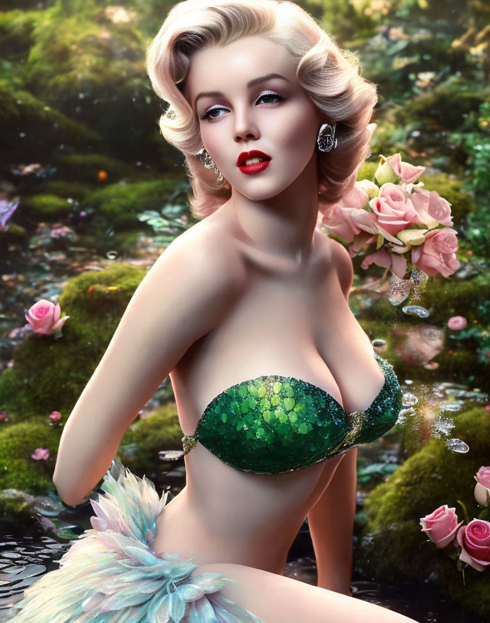 Fantasy-themed illustration of a woman with green top and feather-like details in a rose-filled setting