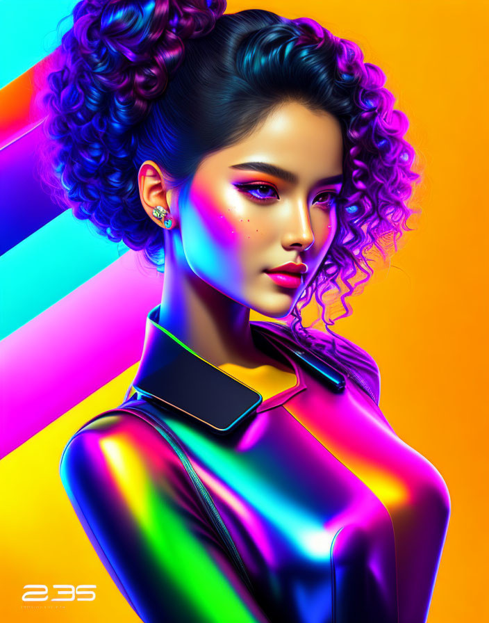 Vibrant digital artwork: Woman with curly hair & bold makeup on colorful backdrop