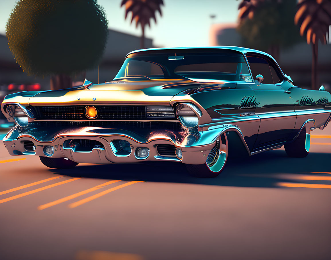 Vintage Blue Car with Chrome Details and Fins Parked on Street at Sunset