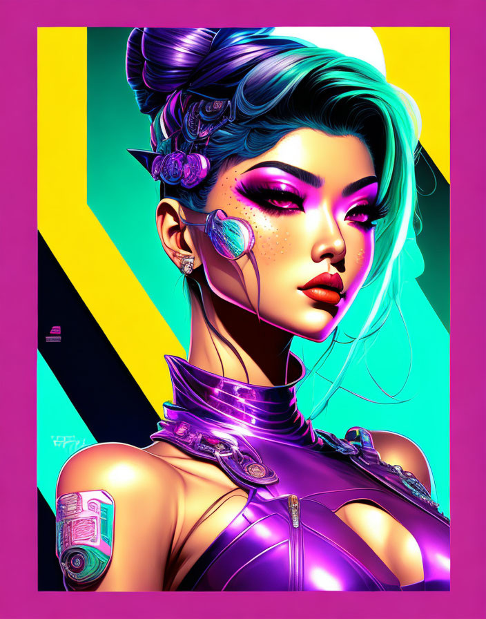 Cyberpunk-style illustration of woman with blue hair and futuristic earpiece on vibrant background