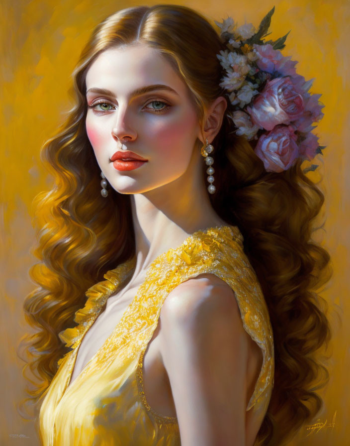 Portrait of Woman with Wavy Hair, Floral Adornments, Pearl Earrings, Yellow Dress