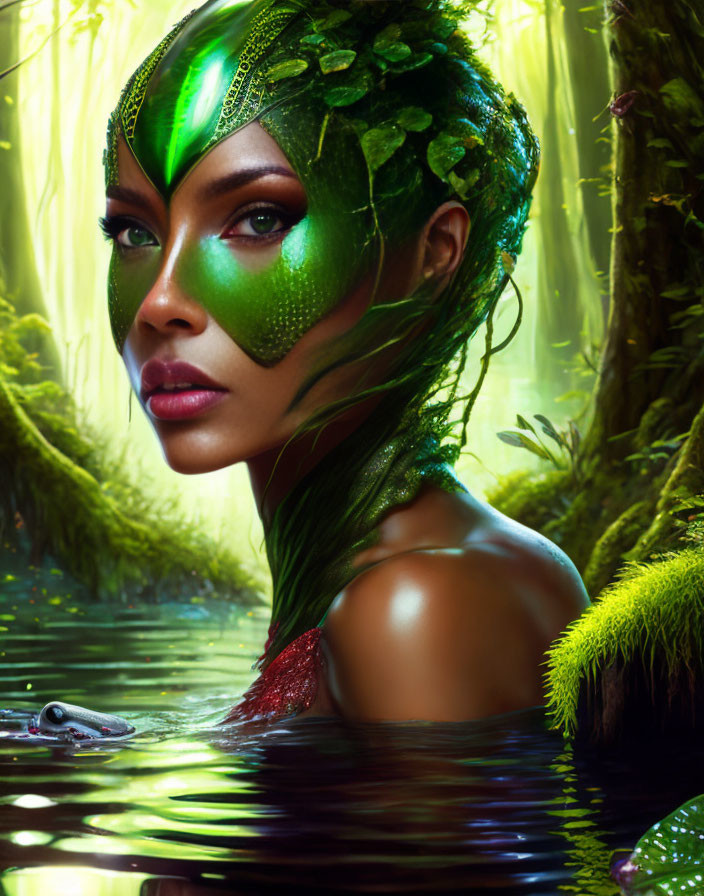 Fantastical portrait of woman with green leaf-like skin in lush forest with frog.