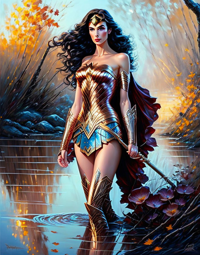 Warrior woman illustration in golden tiara and armor, standing in water among autumn foliage