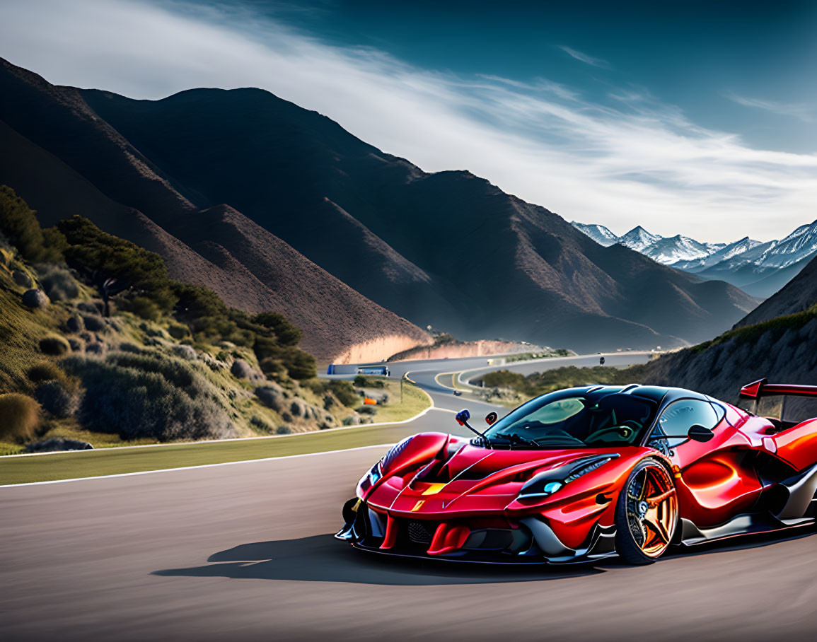 Red sports car on mountain road with hills and blue sky