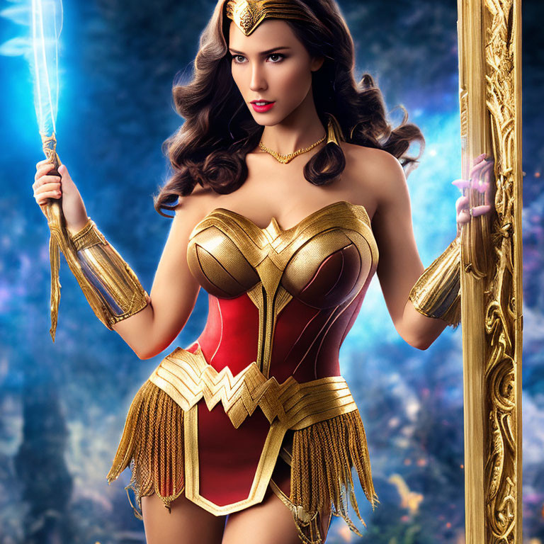 Woman in Wonder Woman costume with lasso, tiara, bracelets, corset, and golden pillar