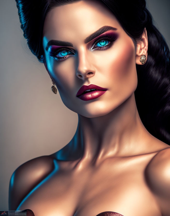 Woman with blue eyeshadow and burgundy lips in striking makeup against shadowy background