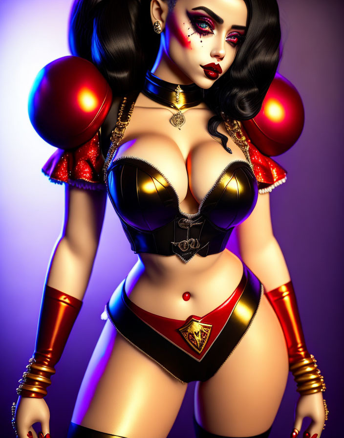 Stylized digital illustration of voluptuous female character with large robotic arms in black and red costume.