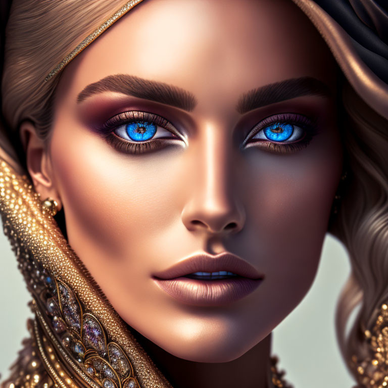 Close-Up of Woman with Striking Blue Eyes and Gold Jewelry