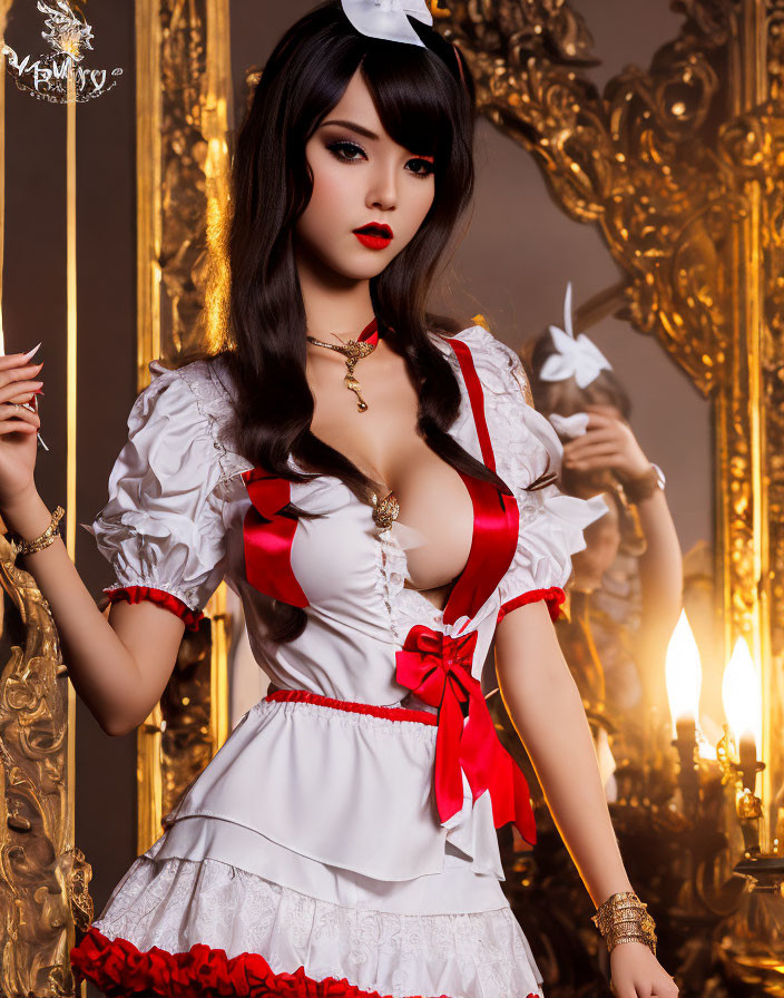 Woman in nurse-themed costume against vintage ornate backdrop in white, red, and gold colors