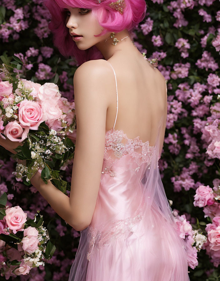 Pink-haired woman in floral dress with bouquet among roses