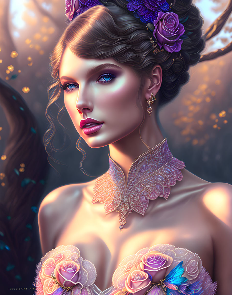 Illustrated portrait of woman with blue eyes, purple roses in hair, lace butterfly collar, and rose