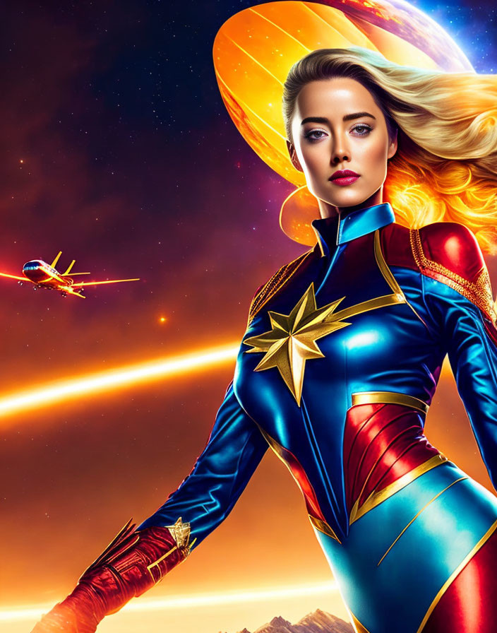 Superhero in Red, Blue, and Gold Suit Against Cosmic Backdrop