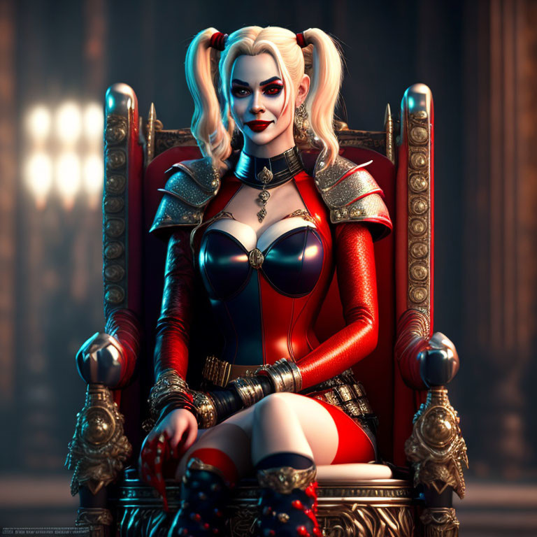 Woman with Two-Tone Hair in Pigtails on Throne in Red and Black Costume