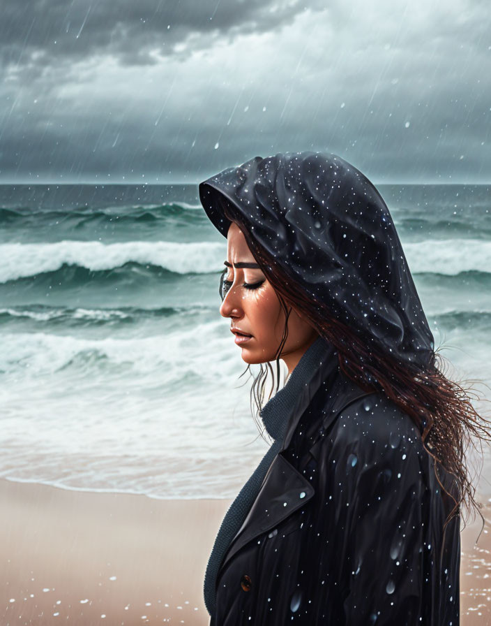 Woman in hooded coat standing on rainy beach with stormy seas and dark sky