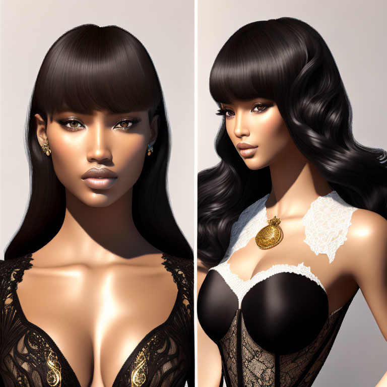 Stylized female figure with dark hair in two portraits