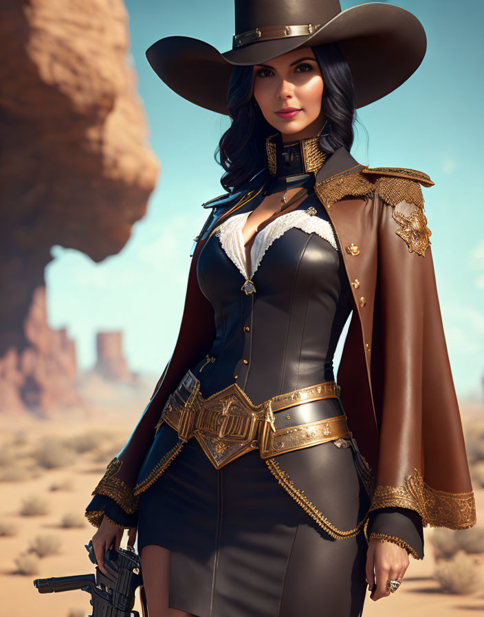 Stylish Woman in Western Outfit with Revolver in Desert Setting