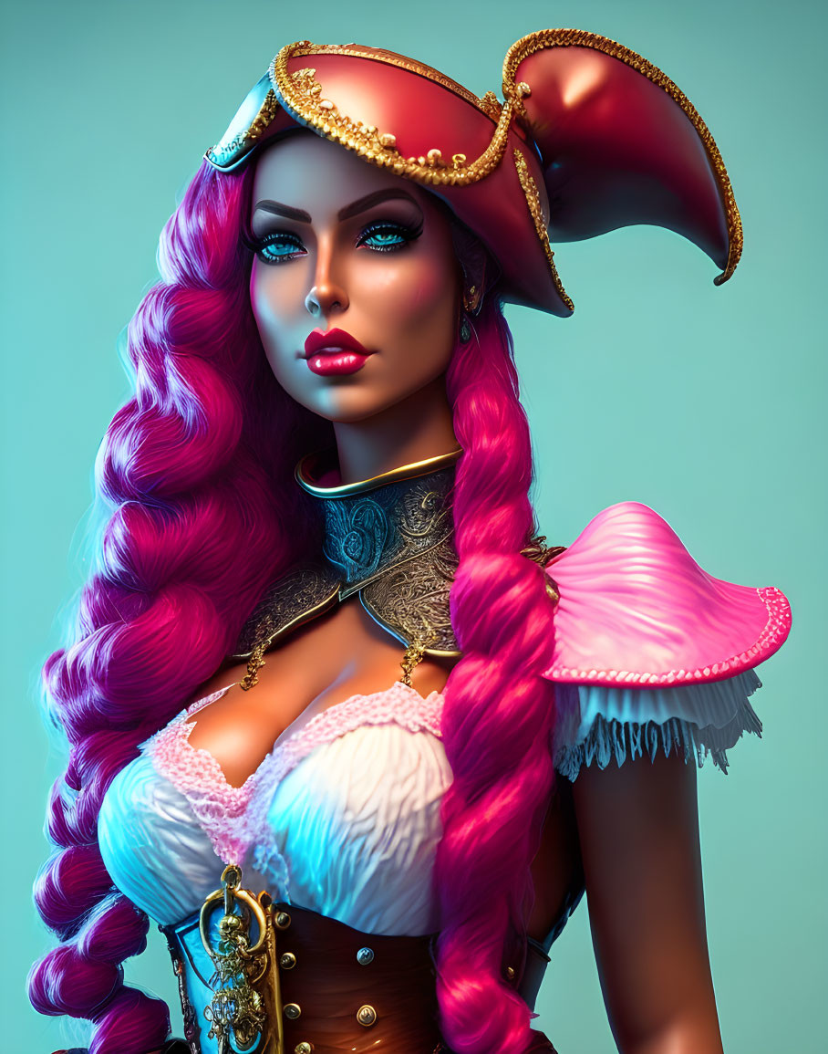 Vibrant pink-haired woman in pirate attire on teal background