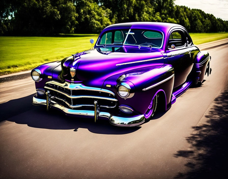 Shiny purple classic car with chrome details on grass-lined road
