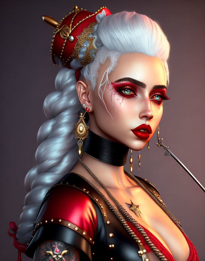 Digital illustration of woman with white hair, red makeup, tattoos, and fantasy armor.