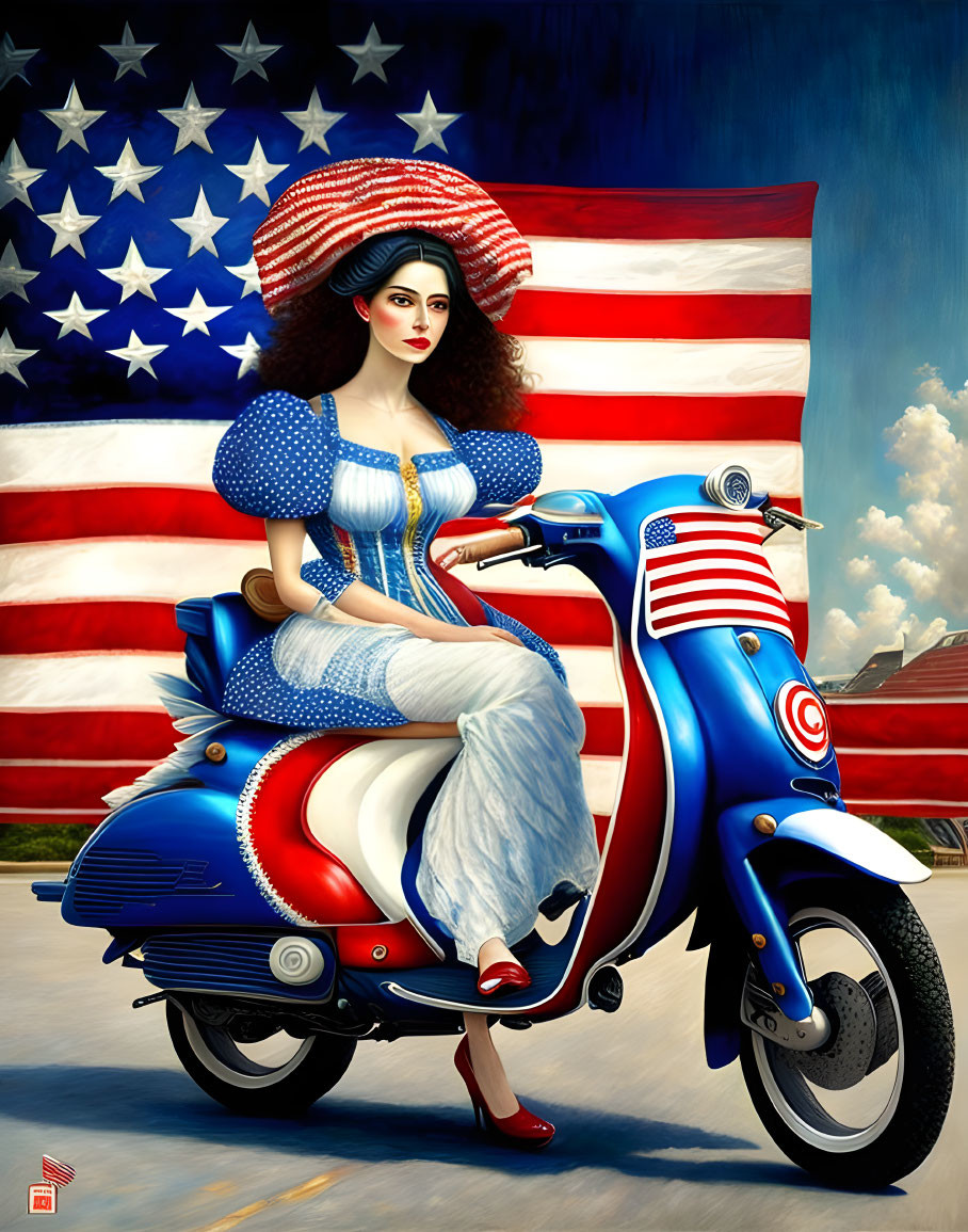 Woman in patriotic attire on retro scooter with American flag backdrop