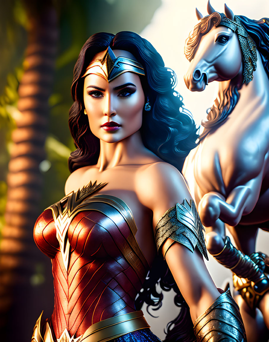 Detailed artwork of fierce warrior woman with tiara and majestic horse in tropical setting