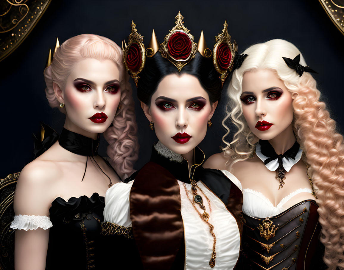 Gothic styled women in ornate black dresses and rose crowns.