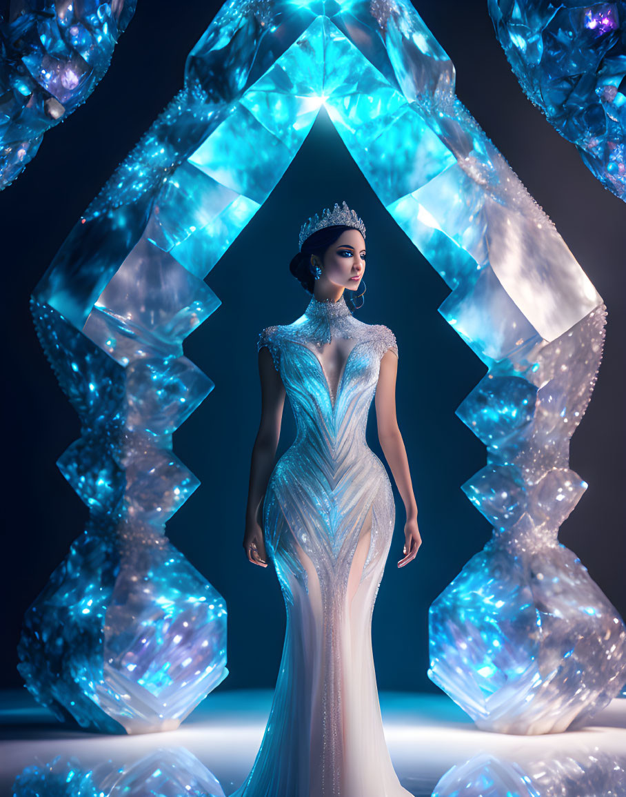 Woman in glittering gown and tiara surrounded by luminescent crystals in mysterious blue setting