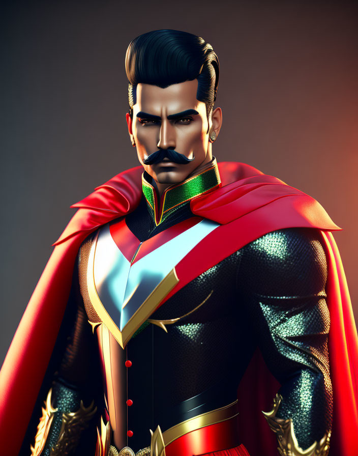 Male superhero illustration with slicked-back hair, red cape, and gold-accented suit