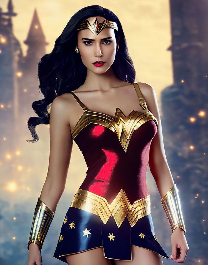 Woman in Wonder Woman Costume with Tiara and Castle Background