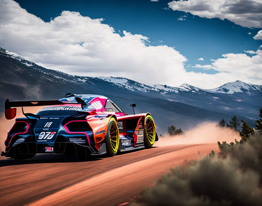 Colorful race car with large spoiler speeding on mountain road under blue sky