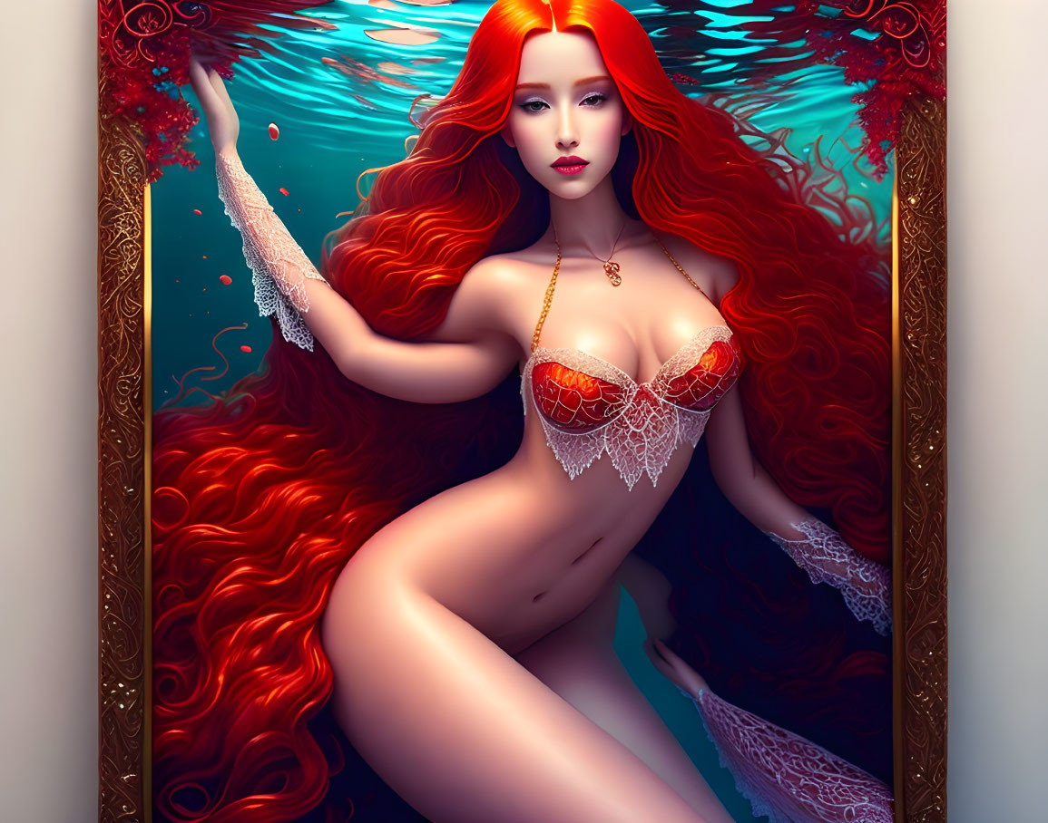 Mermaid digital artwork with red hair, lace undergarments, ornate frame