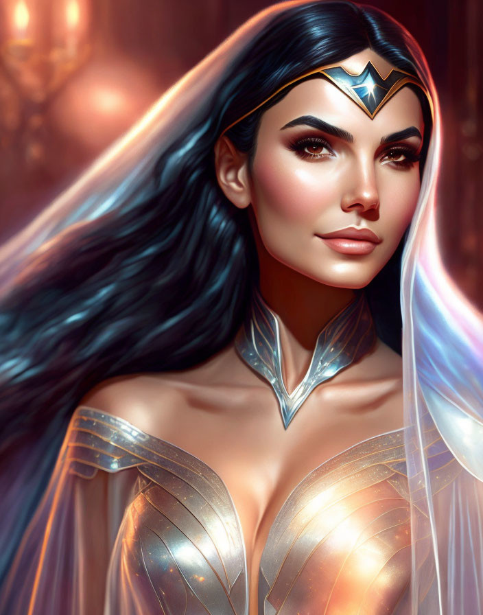 Dark-haired warrior woman in tiara and metallic armor with mystical ambiance