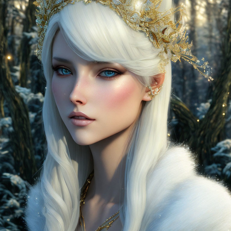 Digital portrait of woman with blue eyes, white hair, gold crown, in snowy forest