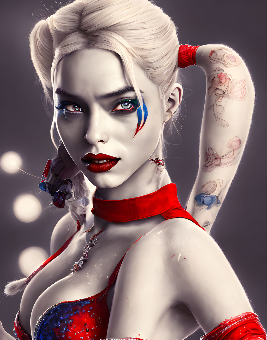 Digital portrait: Woman with platinum blonde hair, blue eyes, tattoos, and Harley Quinn-inspired makeup.