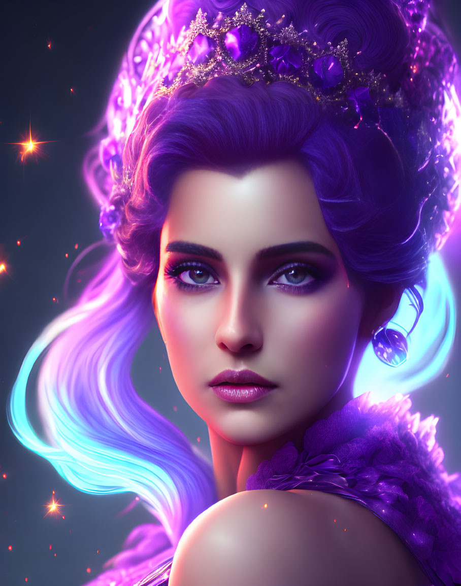 Digital artwork: Woman with radiant skin, purple hair, and crown, glowing against dark background