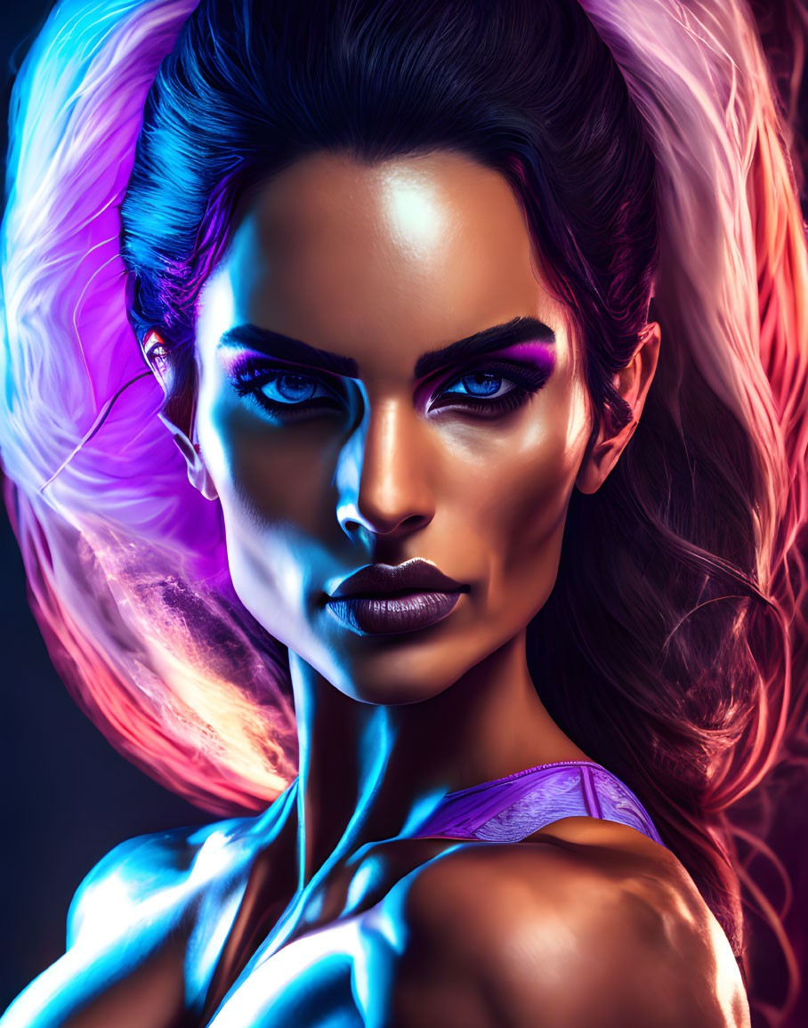 Vivid portrait of a woman with dramatic makeup and colorful lighting