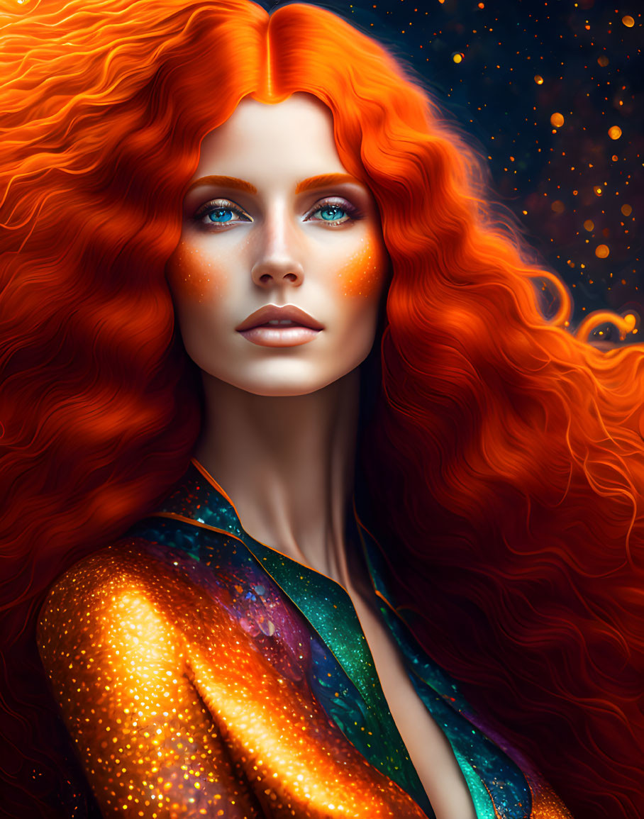 Digital portrait of woman with red hair, blue eyes, and starry freckles on cosmic backdrop