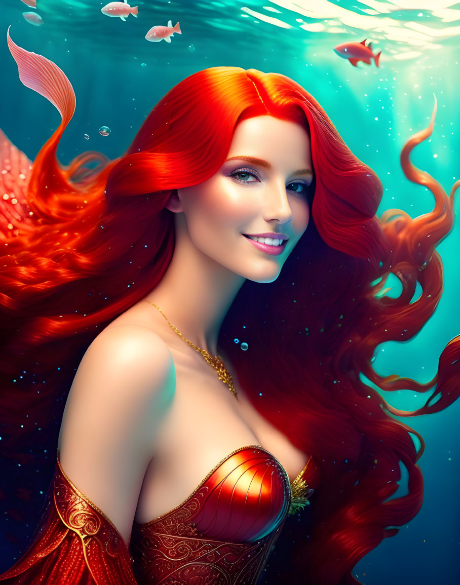 Red-haired woman in coral outfit smiles underwater with fish.