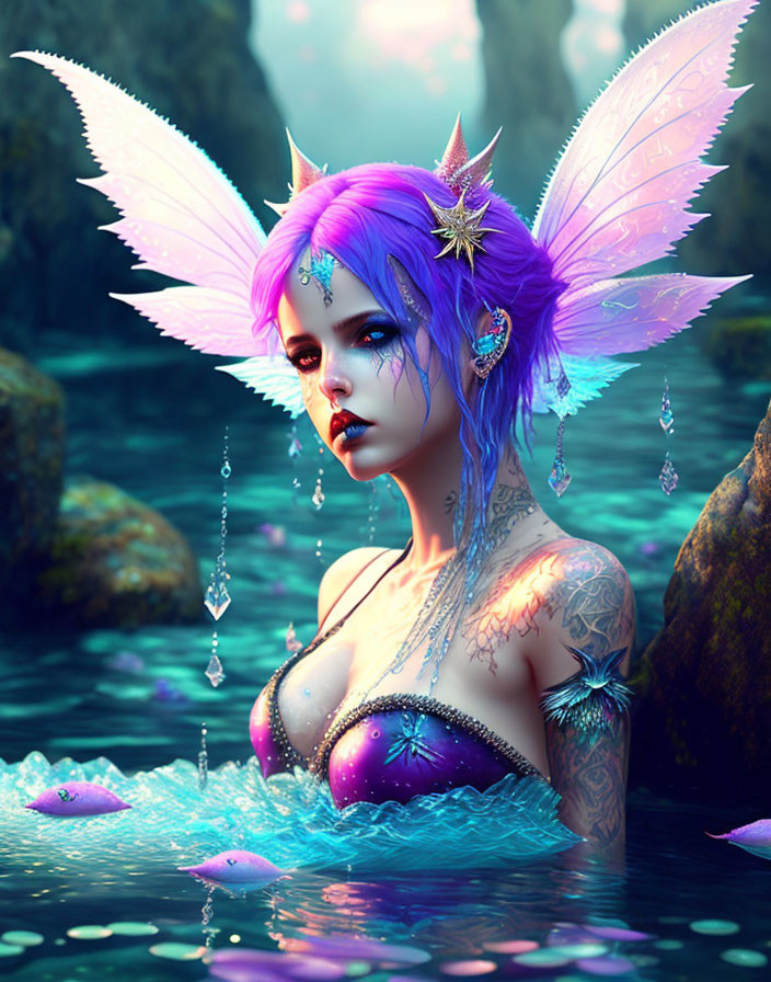 Fantasy illustration: Purple-haired female character with wings, crystals, tattoos, in water with fish.