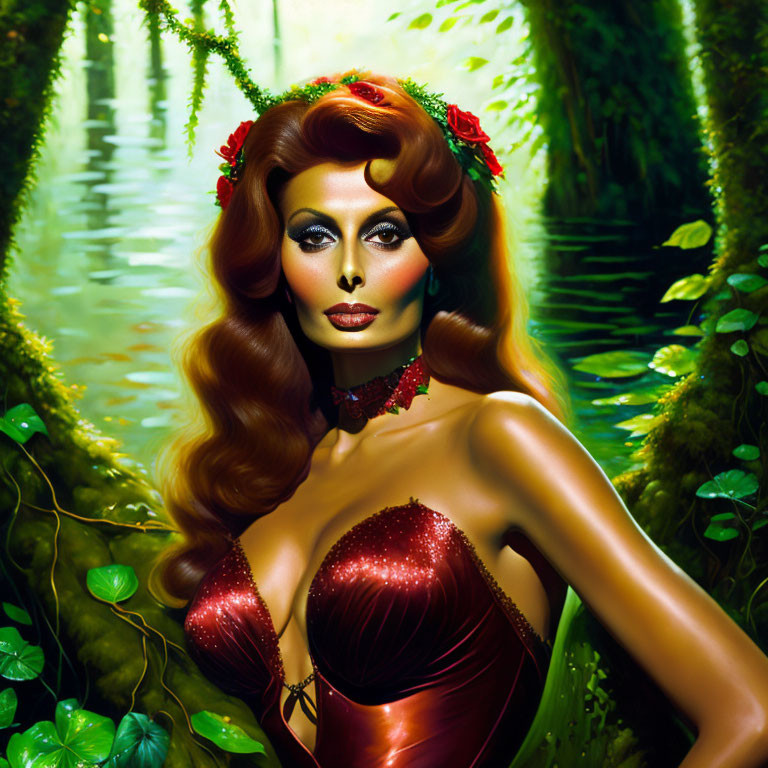 Stylized painting of woman with red hair in green forest