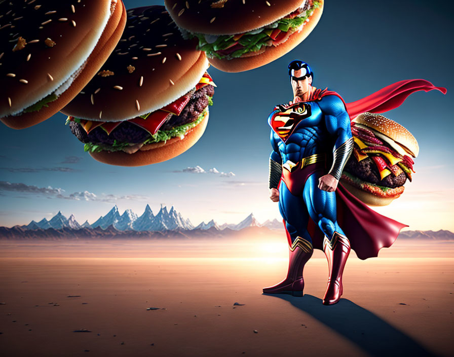 Superhero with flowing cape in desert landscape with floating burgers