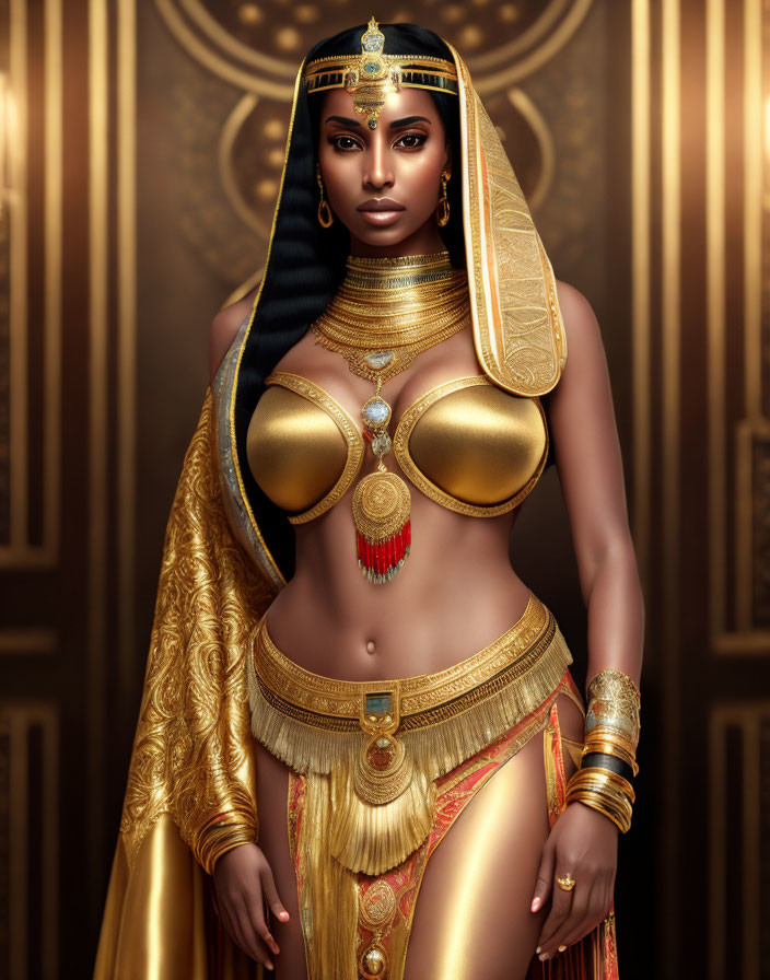 Ancient Egyptian Queen Illustration with Golden Jewelry & Hieroglyphic Backdrop