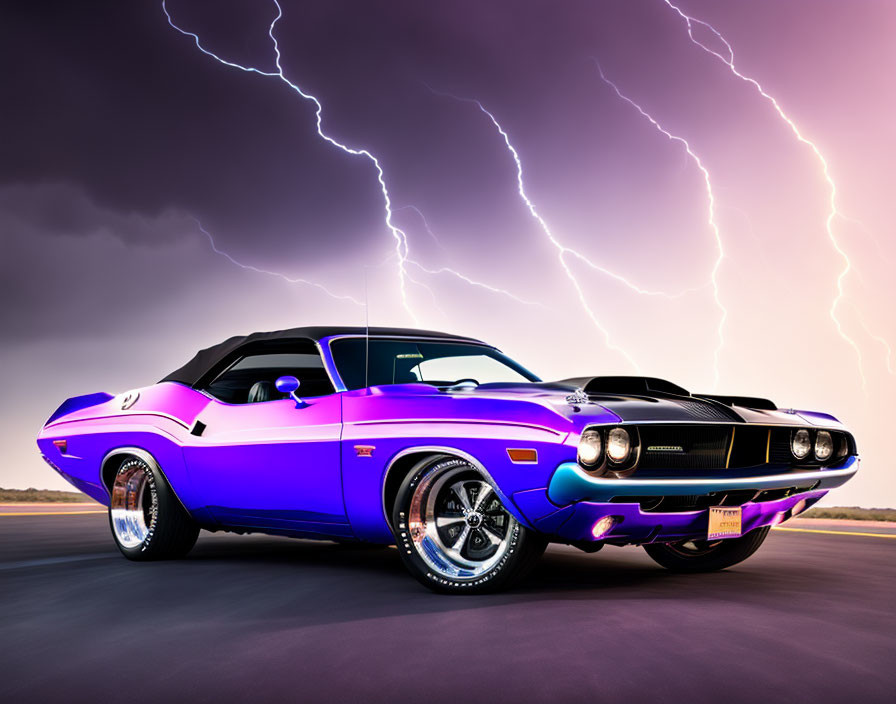 Purple Classic Muscle Car with Black Stripes Under Dramatic Sky