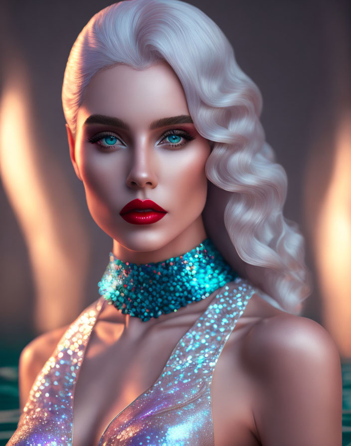 Platinum-haired woman with blue eyes and red lips in sparkling attire on warm background