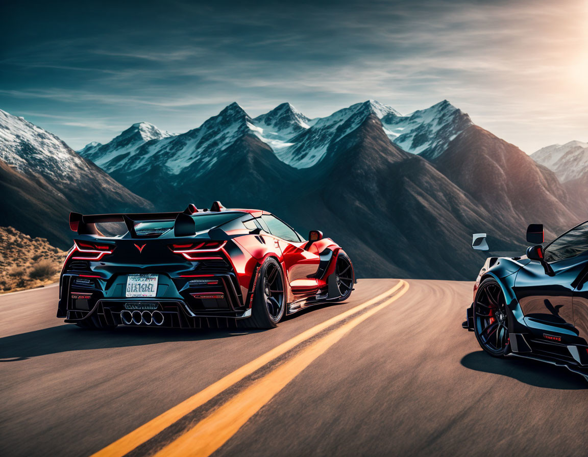 Red sports cars racing on mountain road with snow-capped peaks and clear blue sky