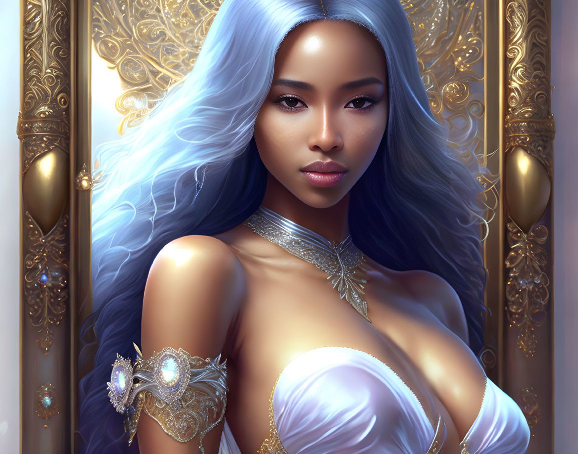 Fantasy digital artwork of a woman with wavy blue hair and golden jewelry